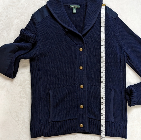 Lauren Ralph Lauren Navy Shawl Collar Elbow Shoulder Patch Gold Button Cardigan - Picture 8 of 13